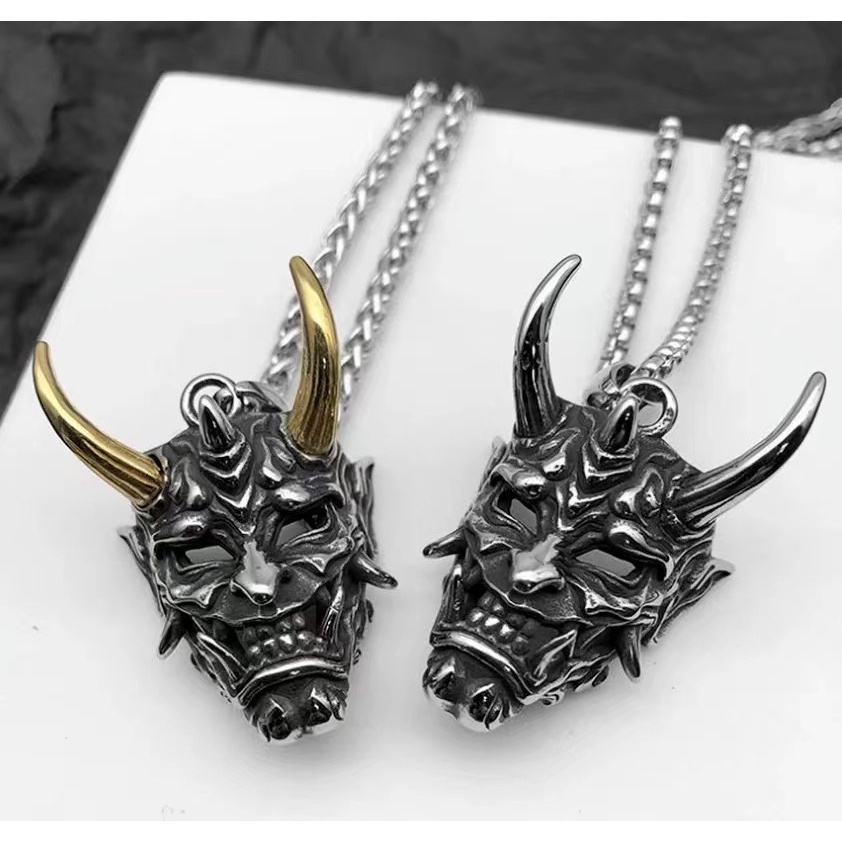 Gaya Jepang Punk Fashion Hantu Topeng Liontin Kalung Tanduk Panjang Kalung Aksesoris Perhiasan Pesta Halloween