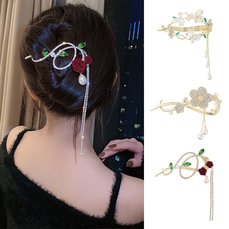 Korea Berlian Imitasi Mutiara Rumbai Rambut Klip Bunga Kristal Logam Jepit Rambut Twist Clip Woman Hair Accessories