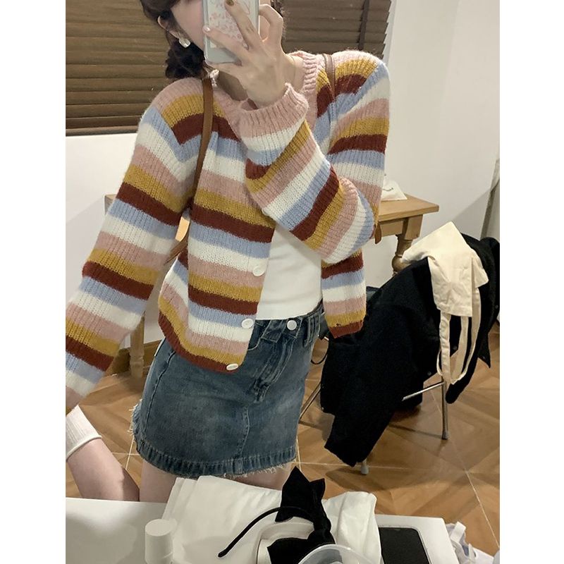 Red [Asuransi Pengiriman] Sweater cardigan sweater bergaris warna kontras wanita musim semi dan musim gugur top coat angin malas yang lembut