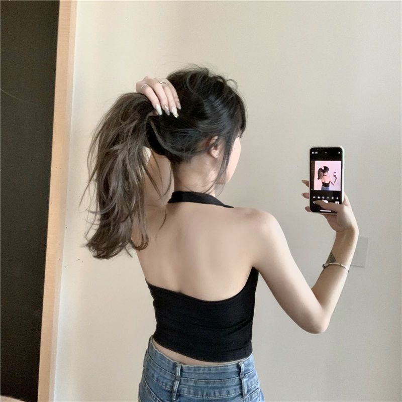 Red Halter neck sling rompi kecil pakaian dalam wanita top pakaian luar punggung cantik seksi hitam dan putih dengan bantalan dada tube top pendek musim panas