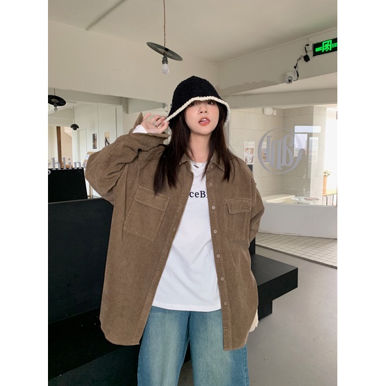 XIAOZHAINV Kemeja Corduroy Lengan Panjang Korean Style Oversize Atasan Wanita 0743