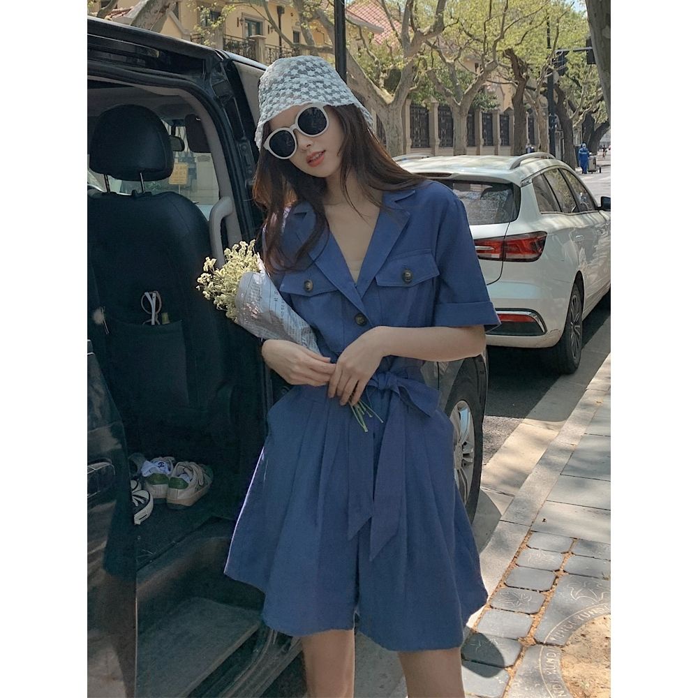 Jumpsuit wanita musim panas temperamen mode baru setelan celana pendek lebar kaki