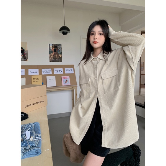 XIAOZHAINV Kemeja Corduroy Lengan Panjang Korean Style Oversize Atasan Wanita 0743