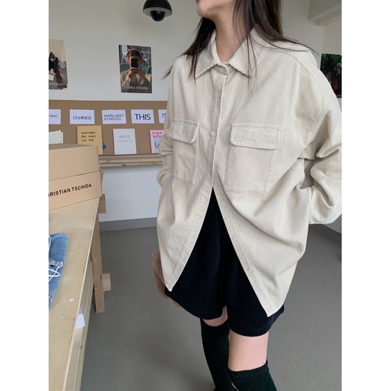 XIAOZHAINV Kemeja Corduroy Lengan Panjang Korean Style Oversize Atasan Wanita 0743