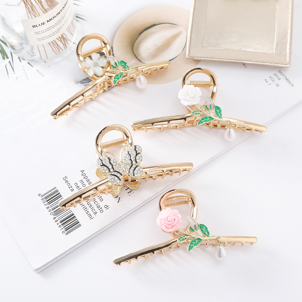 Korea Alloy Emas Bunga Mutiara Rambut Klip Besar Ponytail Clip Woman Fashion Hair Claw Aksesoris Rambut