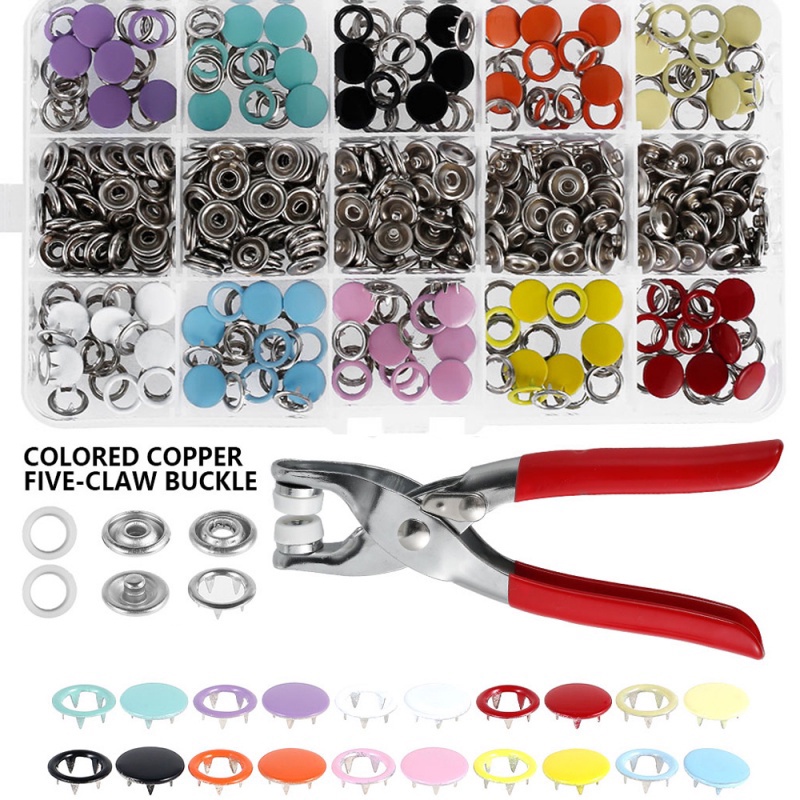 Snap Button Plier Tool 100 Set Hollow / Solid Prong Press Studs Snap Fasteners for Installing Clothes Bag Metal Sewing Buttons