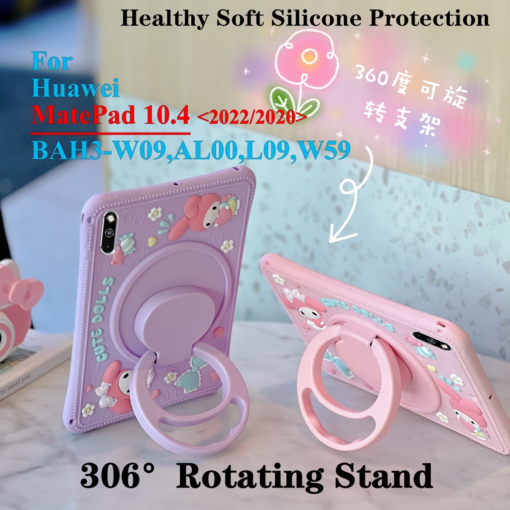 Untuk Huawei MatePad 10.4 (2022.2020) BAH4-W09 BAH4-AL10 BAH3-W09 AL00 L09 W59 Tablet Case Pelindung Fashion Silicon Lembut360° Rotating Ring Stand Casing Melody Penutup Kartun Lucu