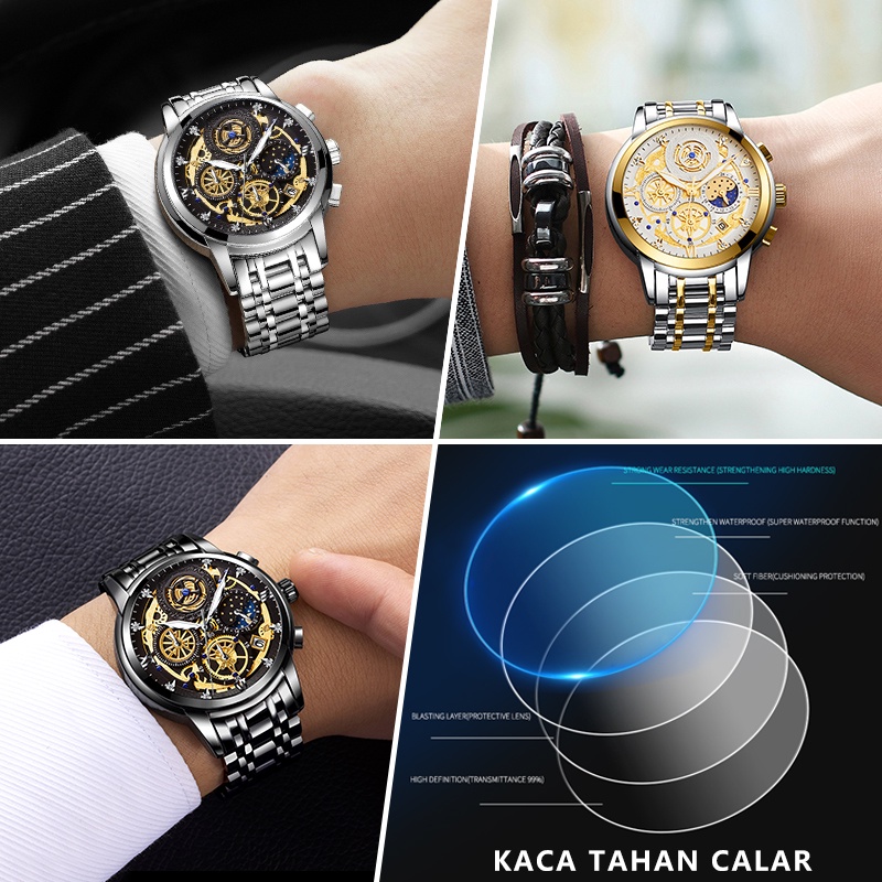 WISHDOIT Jam Tangan Pria Original Tahan Anti Air Laki Laki Lelaki Terbaru Keren Jam Tangan Cowok Besi Tahan Karat Silver/Hitam Luxury Men Watch Waterproof Stainless Steel Fashion Analog Sun/Moon/Stars Multifunction Chronograph Mechanical [Real Three Eyes]-6