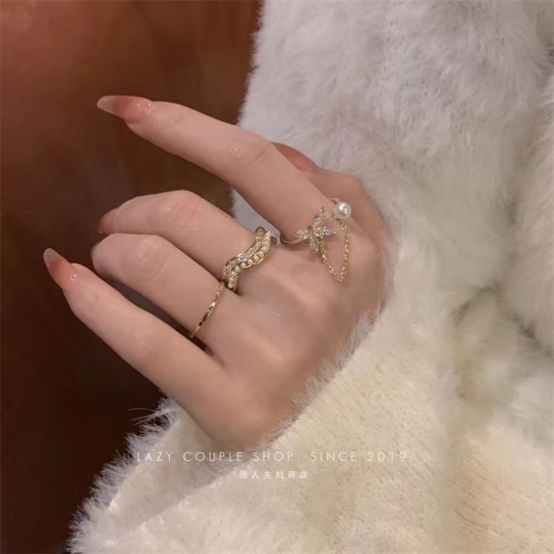 Korea Temperamen Manis Mutiara Busur Kupu-Kupu Cincin Wanita Lembut Pembukaan Cincin