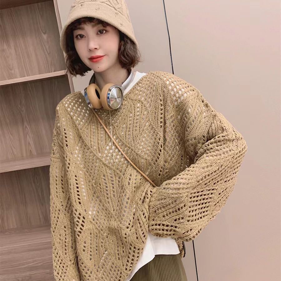 Red Hollow Rajutan Sweater Wanita Dua Potong Musim Semi dan Musim Gugur Desain Tipis Rajutan Tabir Surya Pakaian Luar Kualitas Tinggi Hollow Out sweater Wanita