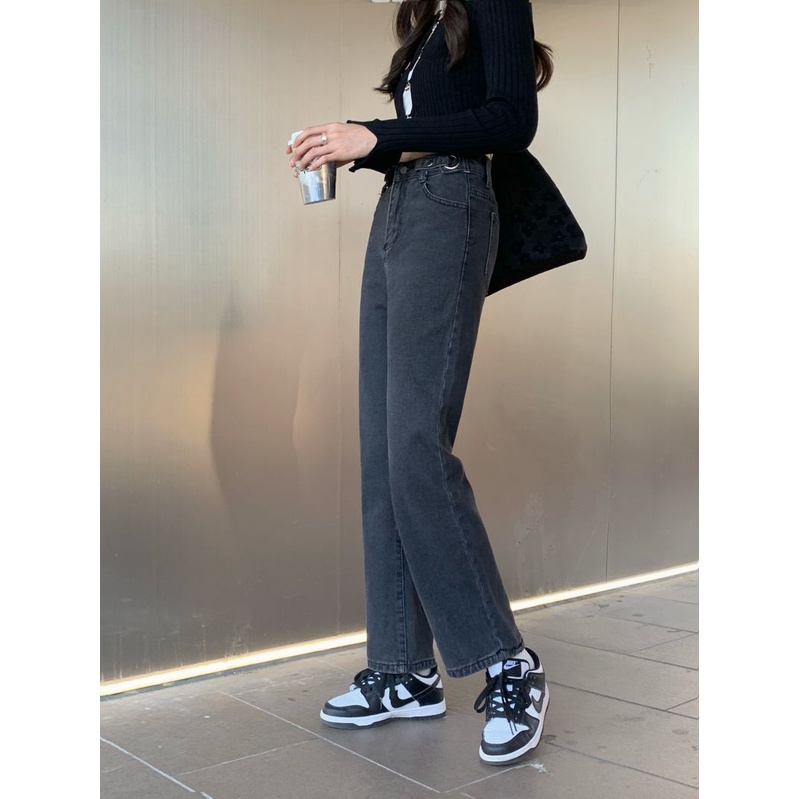 Celana Jeans Highwaist Wanita Kekinian Celana Panjang Dark Grey Jens Korean Style Straight