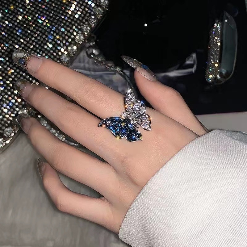 Ins Fashion Cincin Kupu-Kupu Berlian Peri Mewah Pembukaan Cincin Yang Dapat Disesuaikan Untuk Wanita Cincin Jari Telunjuk