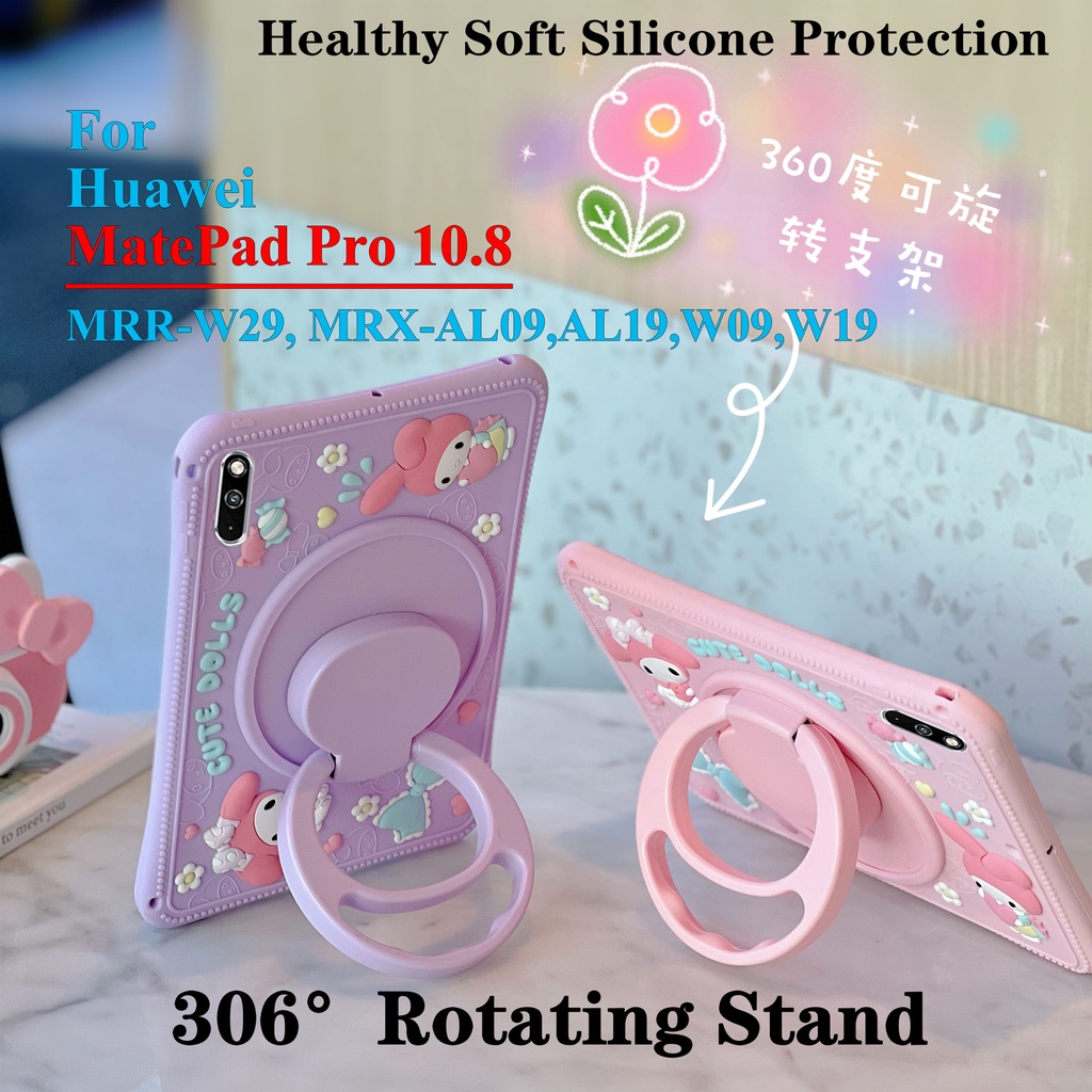 Untuk Huawei MatePad Pro 10.8 (2021.2019) 5G MRR-W29 MRX-AL09 AL19 MRX-W09 W19 Tablet Case Pelindung Fashion Silicon Lembut360° Rotating Ring Stand Casing Melody Penutup Kartun Lucu