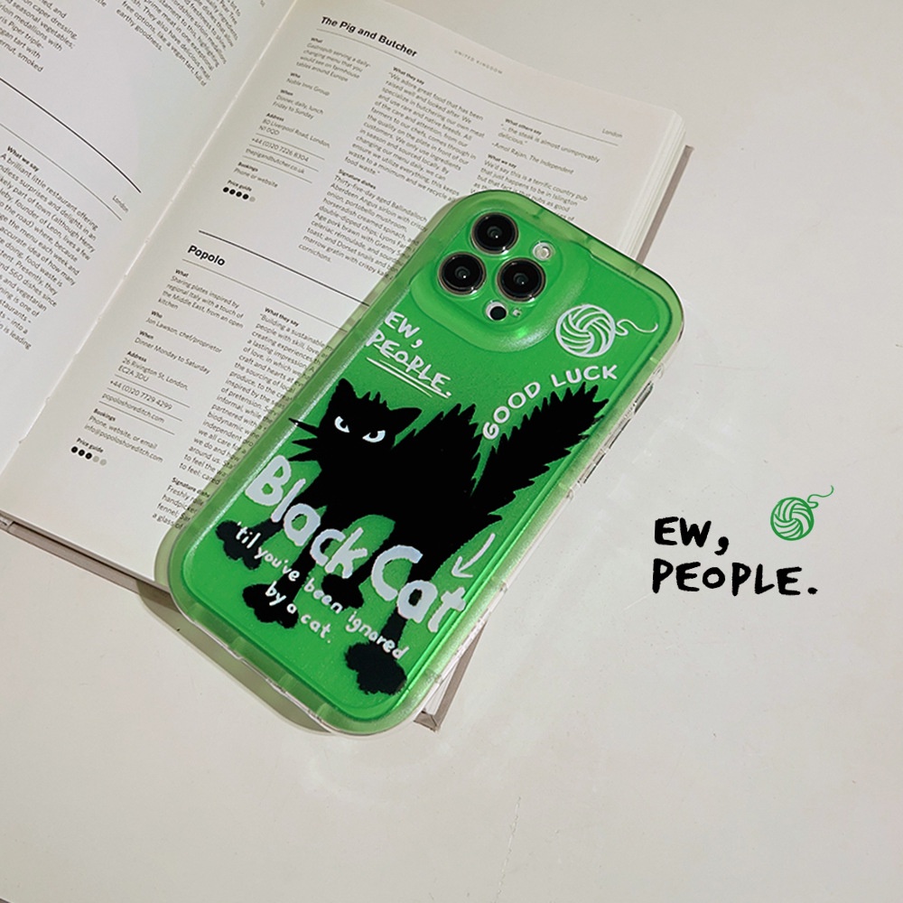 IPHONE Angry Fuzz Black Cat Green Shockproof Soft Phone Case Cover Untuk Iphone11 12 13 14 PLUS PRO MAX SE 2020 Pelindung