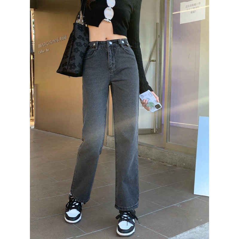 Celana Jeans Highwaist Wanita Kekinian Celana Panjang Dark Grey Jens Korean Style Straight