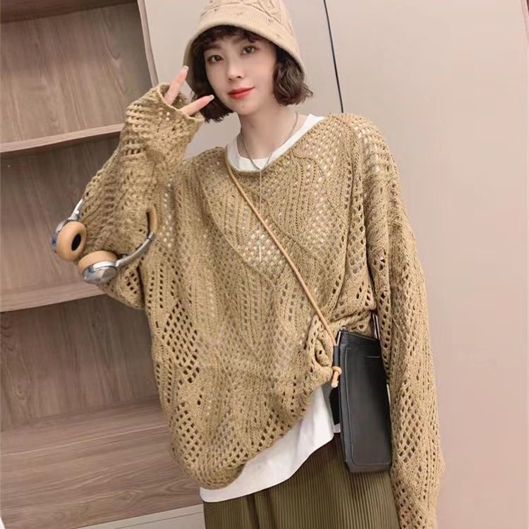 Red Hollow Rajutan Sweater Wanita Dua Potong Musim Semi dan Musim Gugur Desain Tipis Rajutan Tabir Surya Pakaian Luar Kualitas Tinggi Hollow Out sweater Wanita