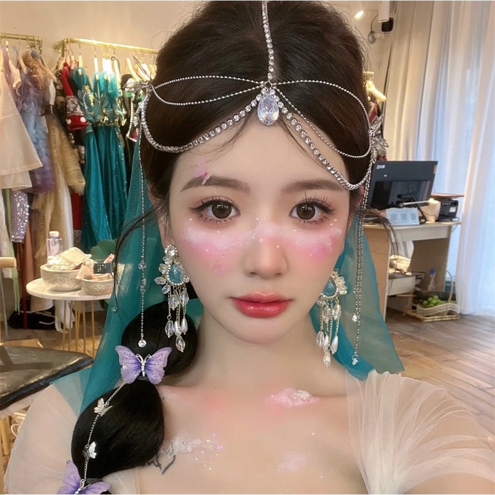 Headpiece Rumbai Tetes Air Gaya Kuno Untuk Hiasan Dahi Hairwear Pengantin Wanita Hanfu Aksesoris Rambut