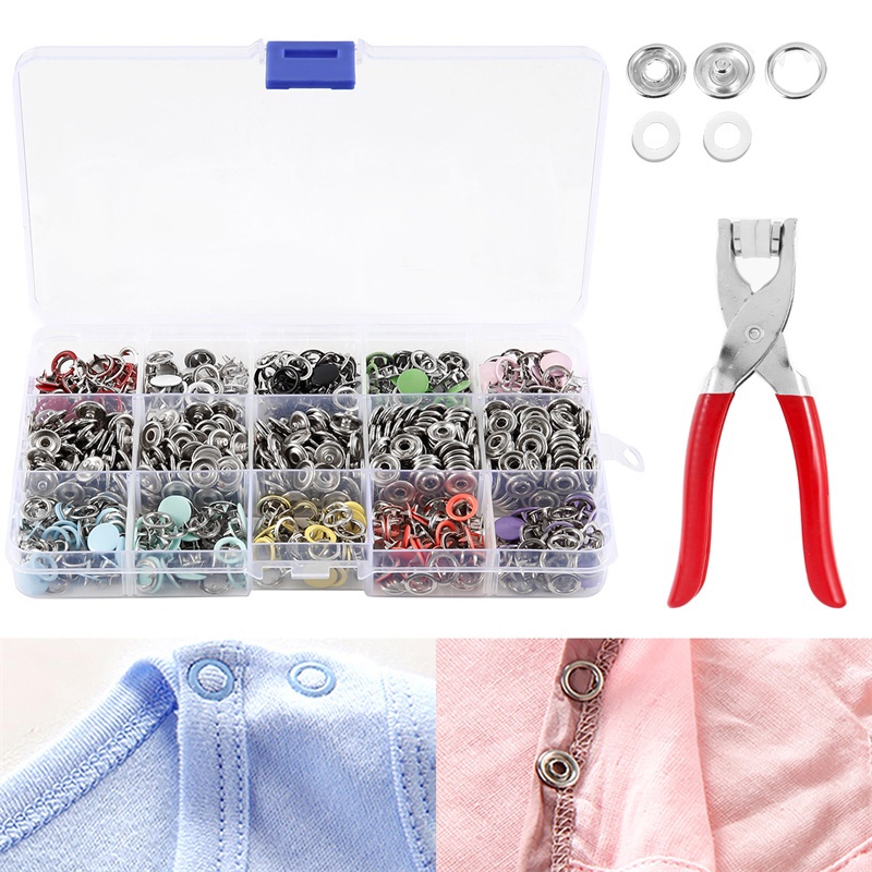 Snap Button Plier Tool 100 Set Hollow / Solid Prong Press Studs Snap Fasteners for Installing Clothes Bag Metal Sewing Buttons