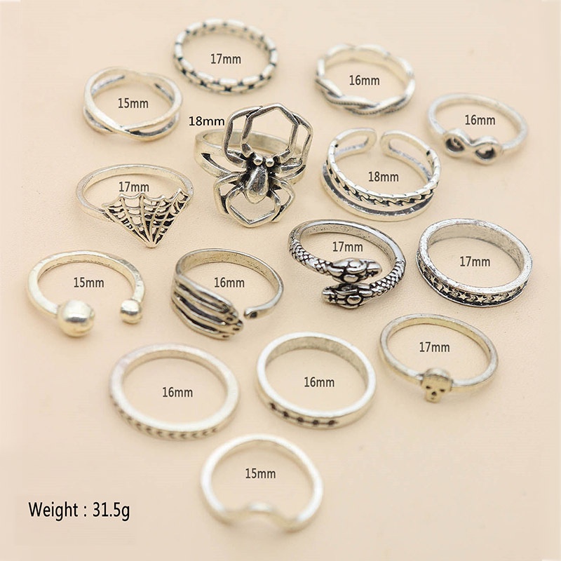 15pcs/set Punk Rock Stylish Spider Snake Rings Set Untuk Wanita Tak Terbatas8 Hantu Tidak Teratur Geometri Bersama Cincin Perhiasan