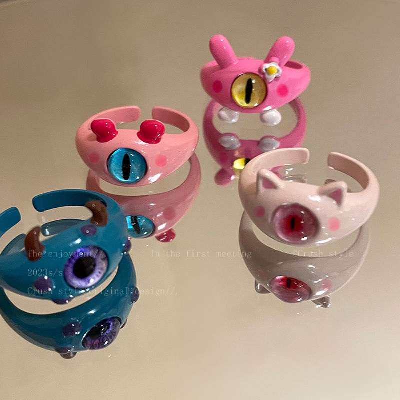 Kartun Monster Kecil Lucu Bermata Monster Cincin Untuk Gadis Wanita Kepribadian Pembukaan Unik Adjustable Rings