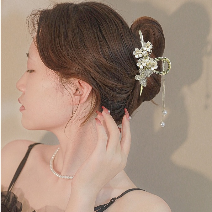 Korea Alloy Mutiara Berlian Imitasi Rumbai Rambut Klip Ponytail Holder Kristal Bunga Jepit Rambut Woman Aksesoris Rambut