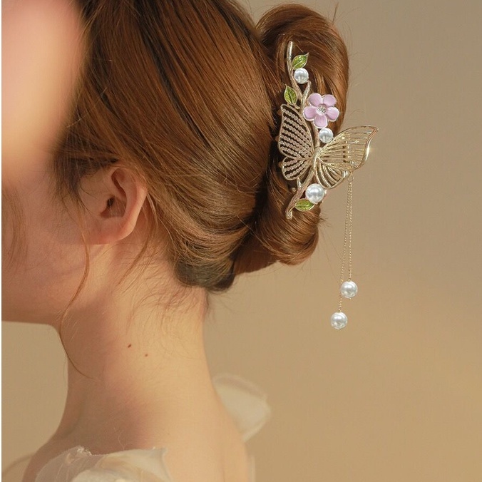 Korea Alloy Mutiara Berlian Imitasi Rumbai Rambut Klip Ponytail Holder Kristal Bunga Jepit Rambut Woman Aksesoris Rambut