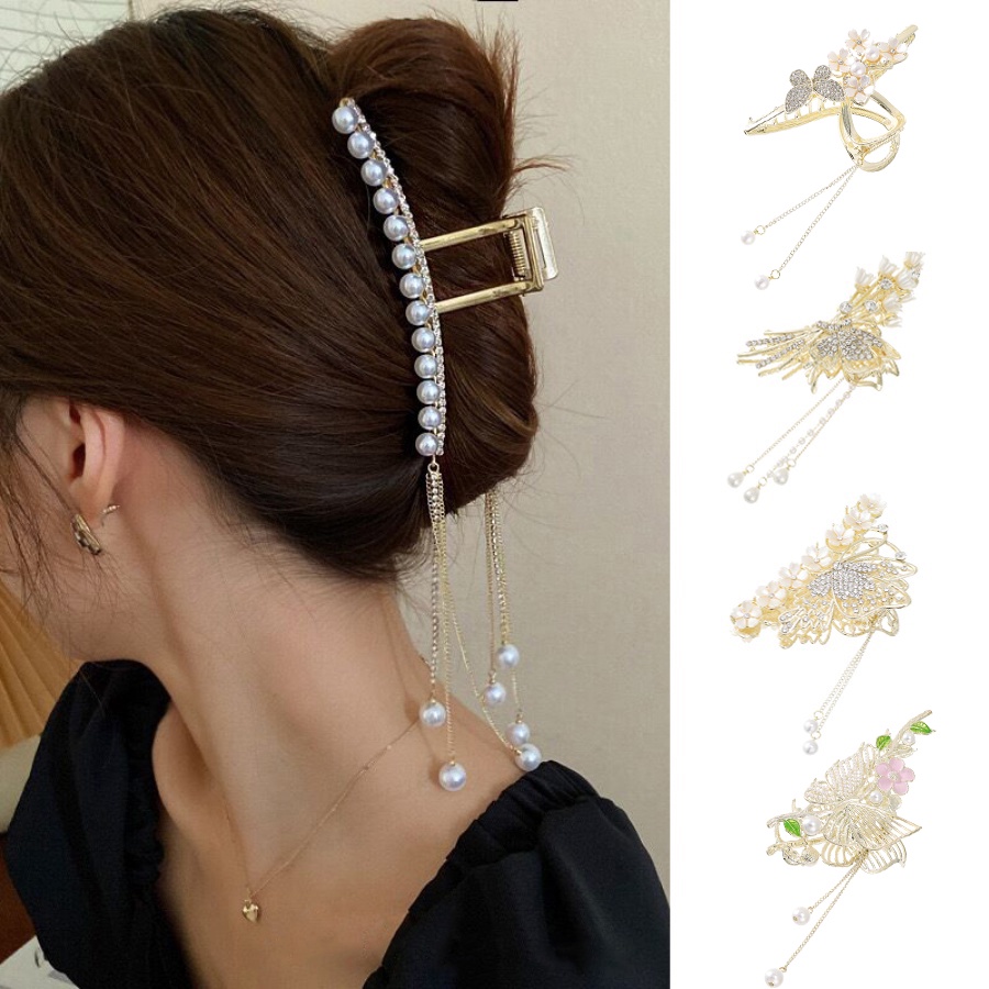 Korea Alloy Mutiara Berlian Imitasi Rumbai Rambut Klip Ponytail Holder Kristal Bunga Jepit Rambut Woman Aksesoris Rambut