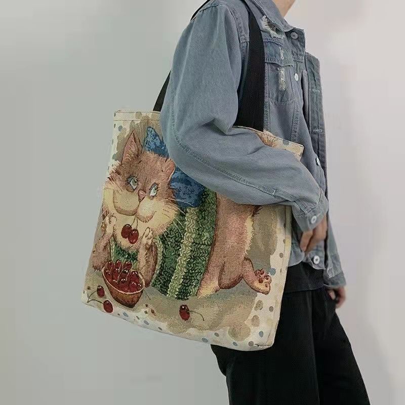 ❇Sera  Gaya Eropa dan Amerika Tas Kanvas Cetak Kapasitas Besar Portable Mommy Tote Bag Cute Korean Single Shoulder Student Class Bag