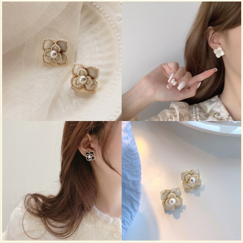 【Bayar di tempat】Anting Vintage Gaya Perancis Anting Bunga Camelia Mutiara Elegan Ringan Anting Mewah