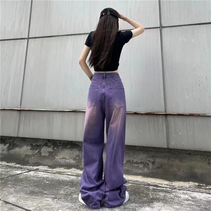 Red Tide brand American high street retro jeans ungu dicuci longgar trendy slim straight wide leg pants ukuran besar celana panjang