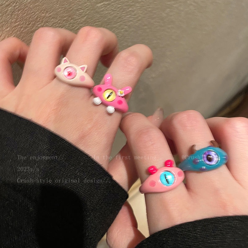 Kartun Monster Kecil Lucu Bermata Monster Cincin Untuk Gadis Wanita Kepribadian Pembukaan Unik Adjustable Rings