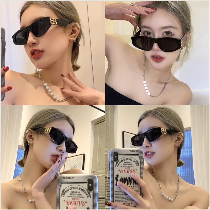 【Bayar di tempat】Chic Gold Double B Narrow Rectangle Frame Sunglasses Untuk Wanita Pria Keren Hitam Aesthetic Shades Trendy Anti Radiasi Sunnies Eyeglasses Outdoor Fashion Eyewear