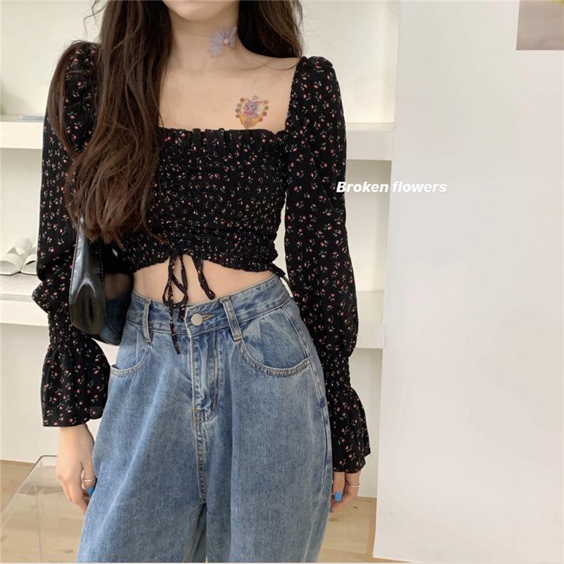 Red Bahasa Perancis Retro Kerah Persegi Bunga Kecil Kemeja Sifon Wanita Musim Panas 2021 Baru Slim-Fit Kemeja Pendek Bottoming Top