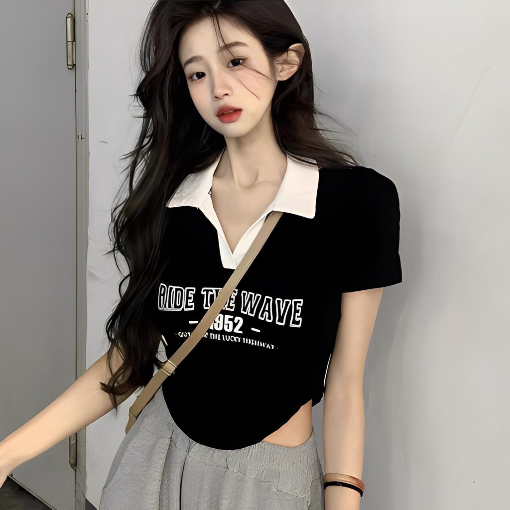 Red American retro warna kontras polo kerah katun lengan pendek t-shirt wanita musim panas kecil tidak teratur pendek hot girl top ins