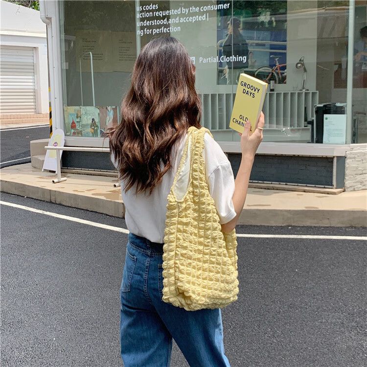 ┅♤Sera  Korean college net red lazy fold bubble canvas women s bag Tas belanja perlindungan lingkungan kapasitas besar sederhana Jepang