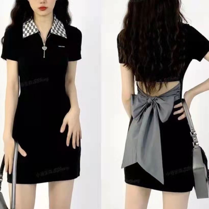 Red Polo kerah lengan pendek gaun pinggang terbuka musim panas kotak-kotak baru kembali dasi kupu-kupu tali hot gadis tas pinggul rok