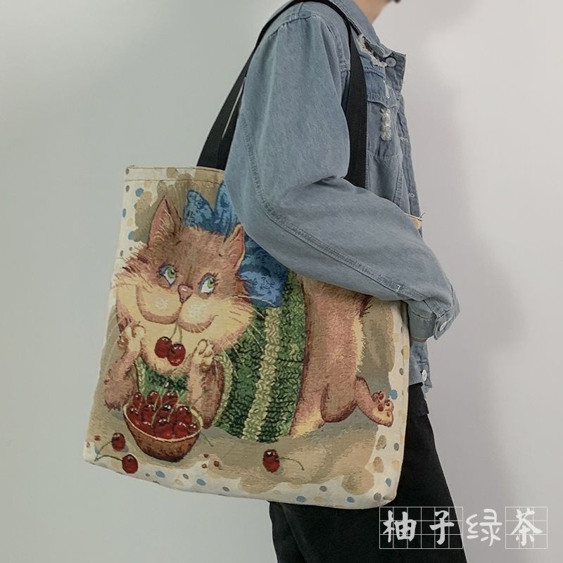 ❇Sera  Gaya Eropa dan Amerika Tas Kanvas Cetak Kapasitas Besar Portable Mommy Tote Bag Cute Korean Single Shoulder Student Class Bag