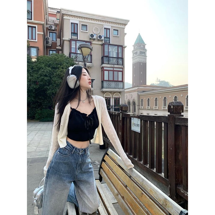 Red 2toyoung Lianlian girl heart Hollow knitted cardigan women s spring short long-sleeve high-quality sun protection top