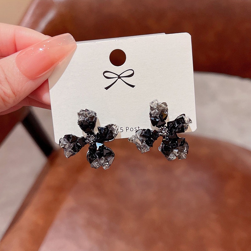 925jarum Perak Mewah Hitam Kristal Bunga Anting Fashion Wanita Stud Earrings