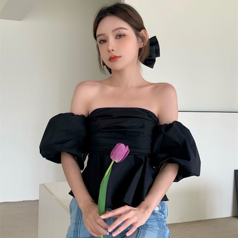 Red High-end French one-shoulder puff sleeves Korea chic chic top summer design sense female niche shirt