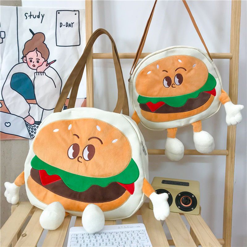 Sera seri lucu hamburger musim semi ceruk tas lucu baru awal musim semi tas kanvas satu bahu tas kreatif Douyin Xiaohongshu