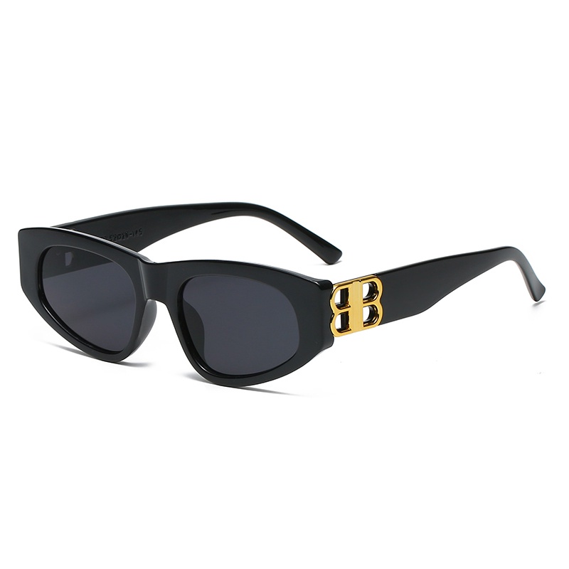 【Bayar di tempat】Chic Gold Double B Narrow Rectangle Frame Sunglasses Untuk Wanita Pria Keren Hitam Aesthetic Shades Trendy Anti Radiasi Sunnies Eyeglasses Outdoor Fashion Eyewear