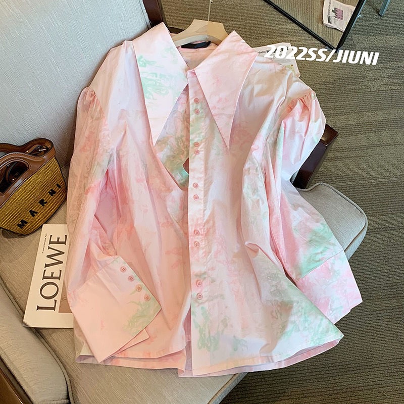 Women's New Vintage Tie Dyed Bubble Sleeve Pointed Neck Shirt/Top