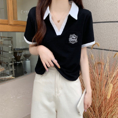Red Katun Lengan Pendek T-shirt Wanita 2022 Musim Panas Baru College Slim Polo Kerah T-shirt In Top