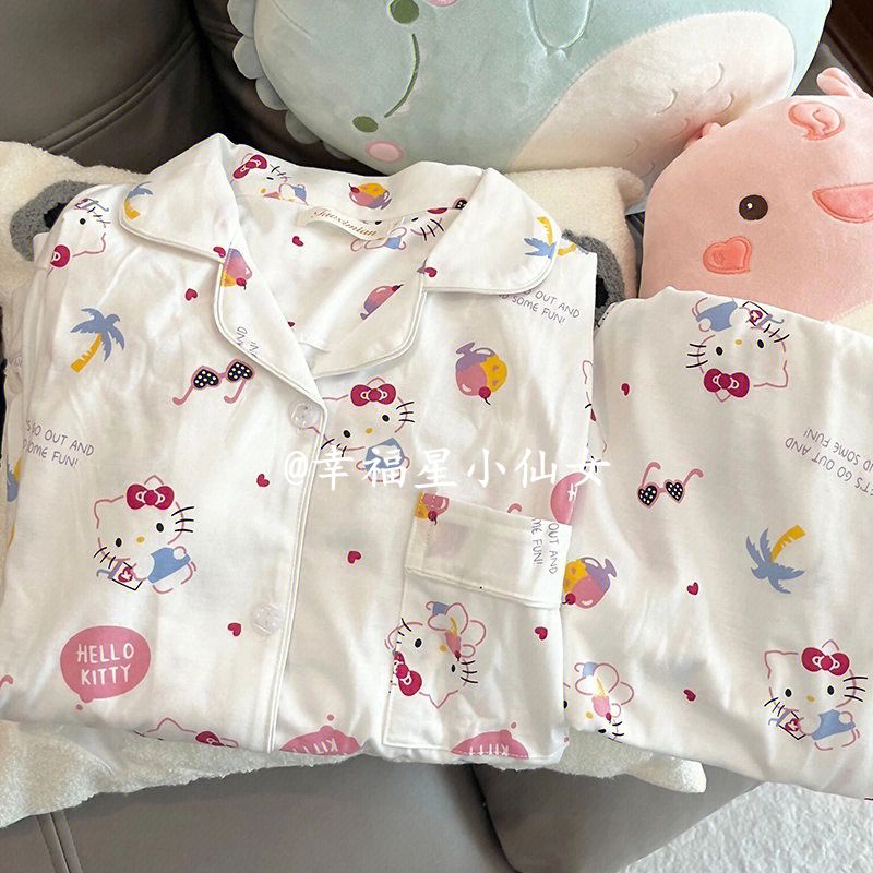 Piyama hellokitty lucu Jepang, kucing kartun kt kucing betina bisa dipakai di luar set pakaian rumah