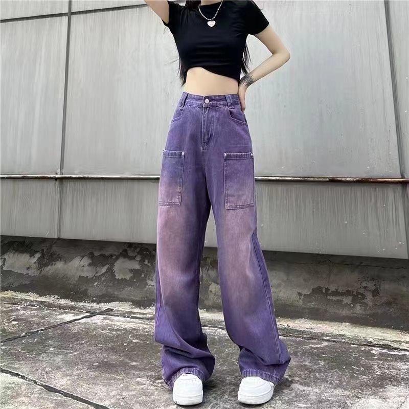 Red Tide brand American high street retro jeans ungu dicuci longgar trendy slim straight wide leg pants ukuran besar celana panjang