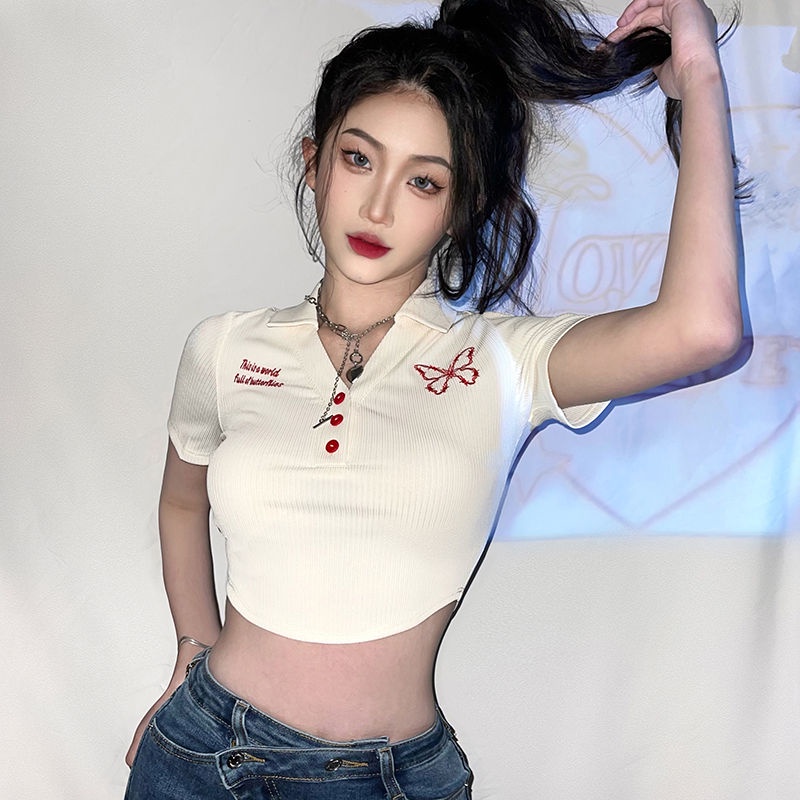 Red Baru murni keinginan angin kupu-kupu bordir T-shirt pendek wanita rasa desain mengungkapkan pinggang slim fit all-match lengan pendek hot girl top