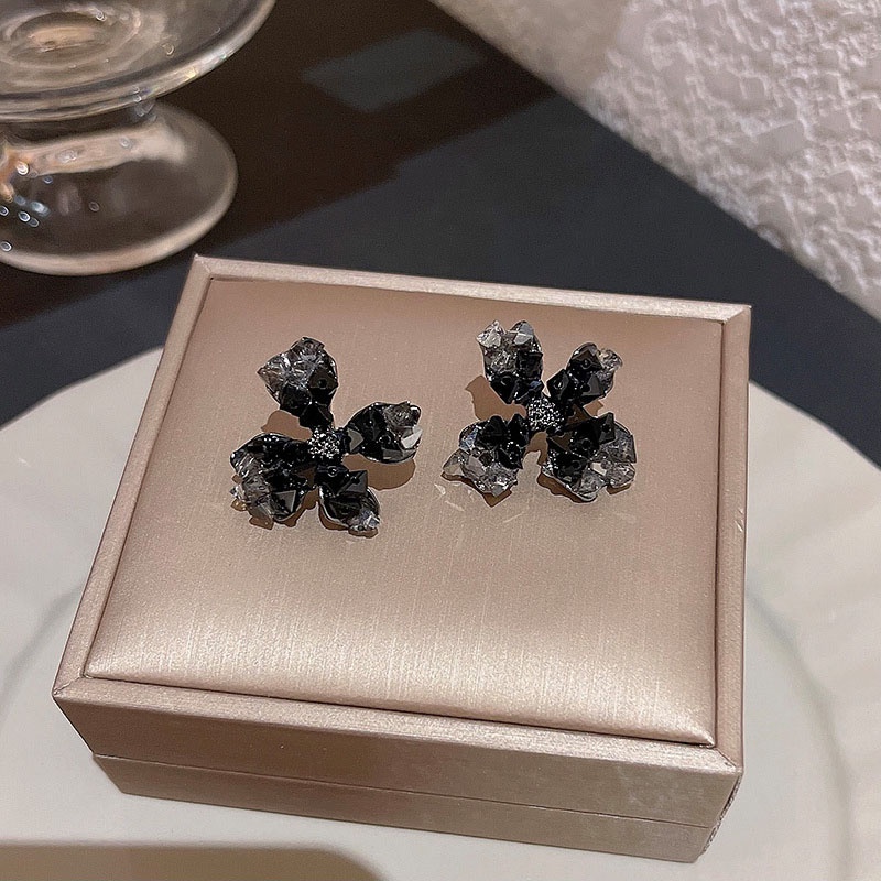 925jarum Perak Mewah Hitam Kristal Bunga Anting Fashion Wanita Stud Earrings