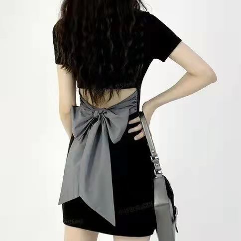 Red Polo kerah lengan pendek gaun pinggang terbuka musim panas kotak-kotak baru kembali dasi kupu-kupu tali hot gadis tas pinggul rok