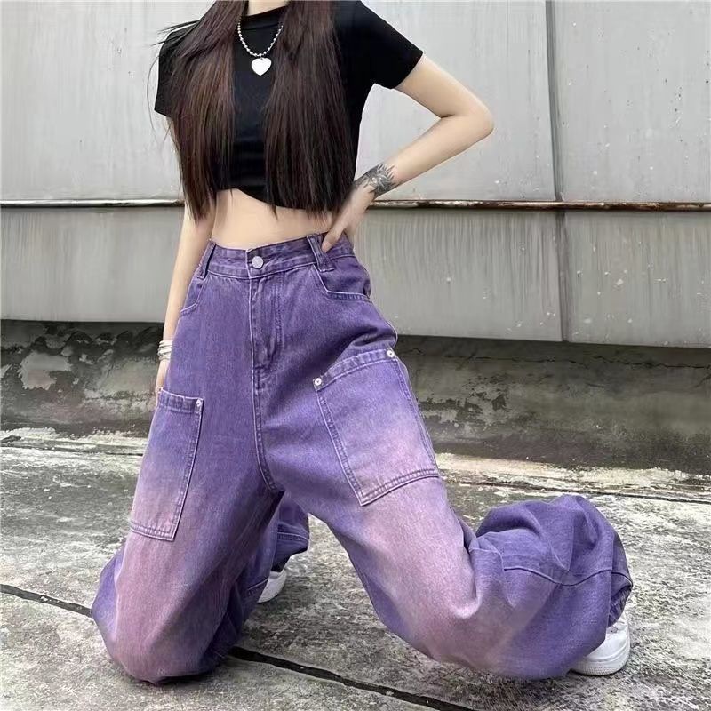 Red Tide brand American high street retro jeans ungu dicuci longgar trendy slim straight wide leg pants ukuran besar celana panjang